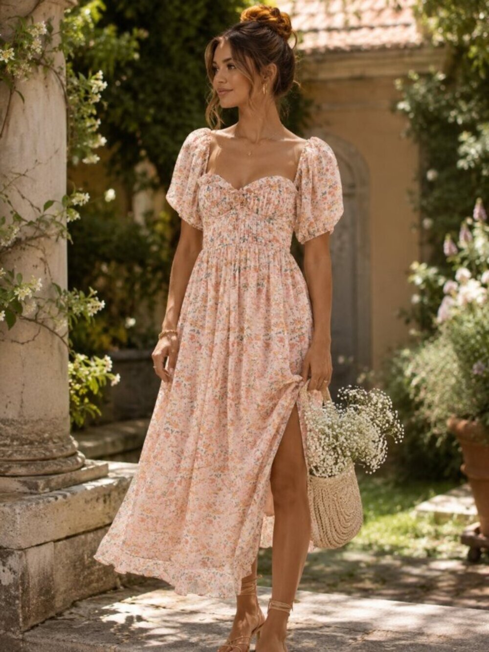 ASTR Lunaria French Cottagecore Midi Dress Orange Green Floral Size Small NWT